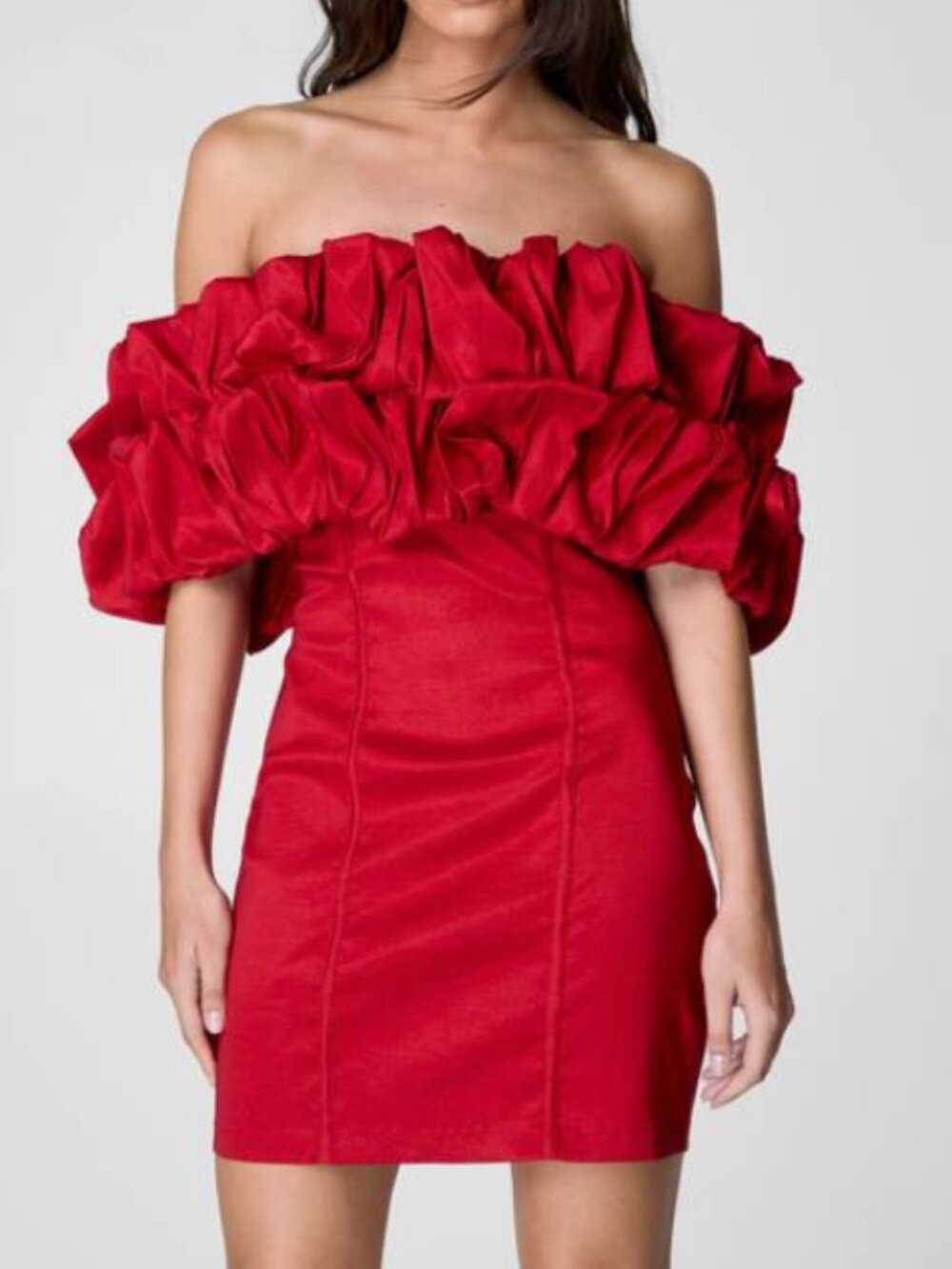 Nasty Gal Red Ruffle Ruched Taffeta Stretch Mini Dress